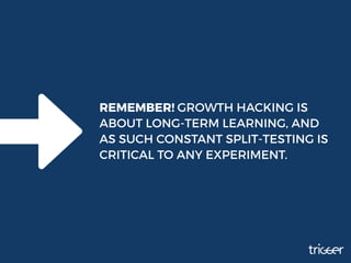 REMEMBER! GROWTH HACKING IS
ABOUT LONG-TERM LEARNING, AND
AS SUCH CONSTANT SPLIT-TESTING IS
CRITICAL TO ANY EXPERIMENT.
 