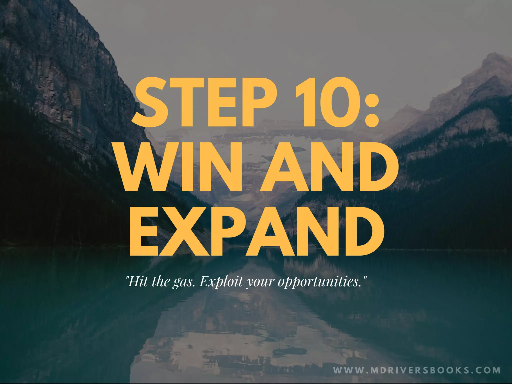 STEP 10:
WIN AND
EXPAND
"Hit the gas. Exploit your opportunities."
W W W . M D R I V E R S B O O K S . C O M
 