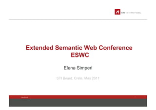 Extended Semantic Web Conference
                     ESWC

                     Elena Simperl

                 STI Board, Crete, May 2011




www.sti2.org                                  1
 