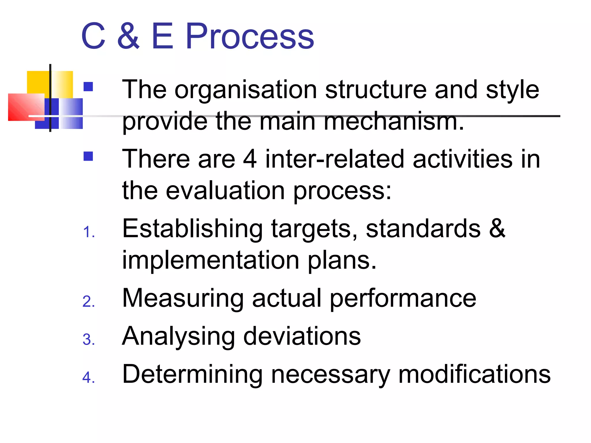 C & E Process
 The organisation structure and style
provide the main mechanism.
 There are 4 inter-related activities in
the evaluation process:
1. Establishing targets, standards &
implementation plans.
2. Measuring actual performance
3. Analysing deviations
4. Determining necessary modifications
 