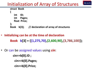 Initialization of Array of Structures
struct Book
{
int ID;
int Pages;
float Price;
};
Book b[3]; // declaration of array of structures
• Initializing can be at the time of declaration
Book b[3] = {{1,275,70},{2,600,90},{3,786,100}};
• Or can be assigned values using cin:
cin>>b[0].ID ;
cin>>b[0].Pages;
cin>>b[0].Price;
 