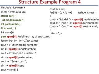 Structure Example Program 4
#include <iostream>
using namespace std;
struct part {
int modelnumber;
int partnumber;
float cost; };
int main() {
part apart[4]; //define array of structures
for(int i=0; i<4; i++){//get values
cout << “Enter model number: “;
cin >> apart[i].modelnumber;
cout << “Enter part number: “;
cin >> apart[i].partnumber;
cout << “Enter cost: “;
cin >> apart[i].cost;
cout << endl; }
cout << endl;
for(int i=0; i<4; i++) //show values
{
cout << “Model “ << apart[i].modelnumbe
cout << “ Part “ << apart[i].partnumber;
cout << “ Cost “ << apart[i].cost << endl;
}
return 0; }
 