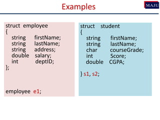 Examples
struct employee
{
string firstName;
string lastName;
string address;
double salary;
int deptID;
};
employee e1;
struct student
{
string firstName;
string lastName;
char courseGrade;
int Score;
double CGPA;
} s1, s2;
 