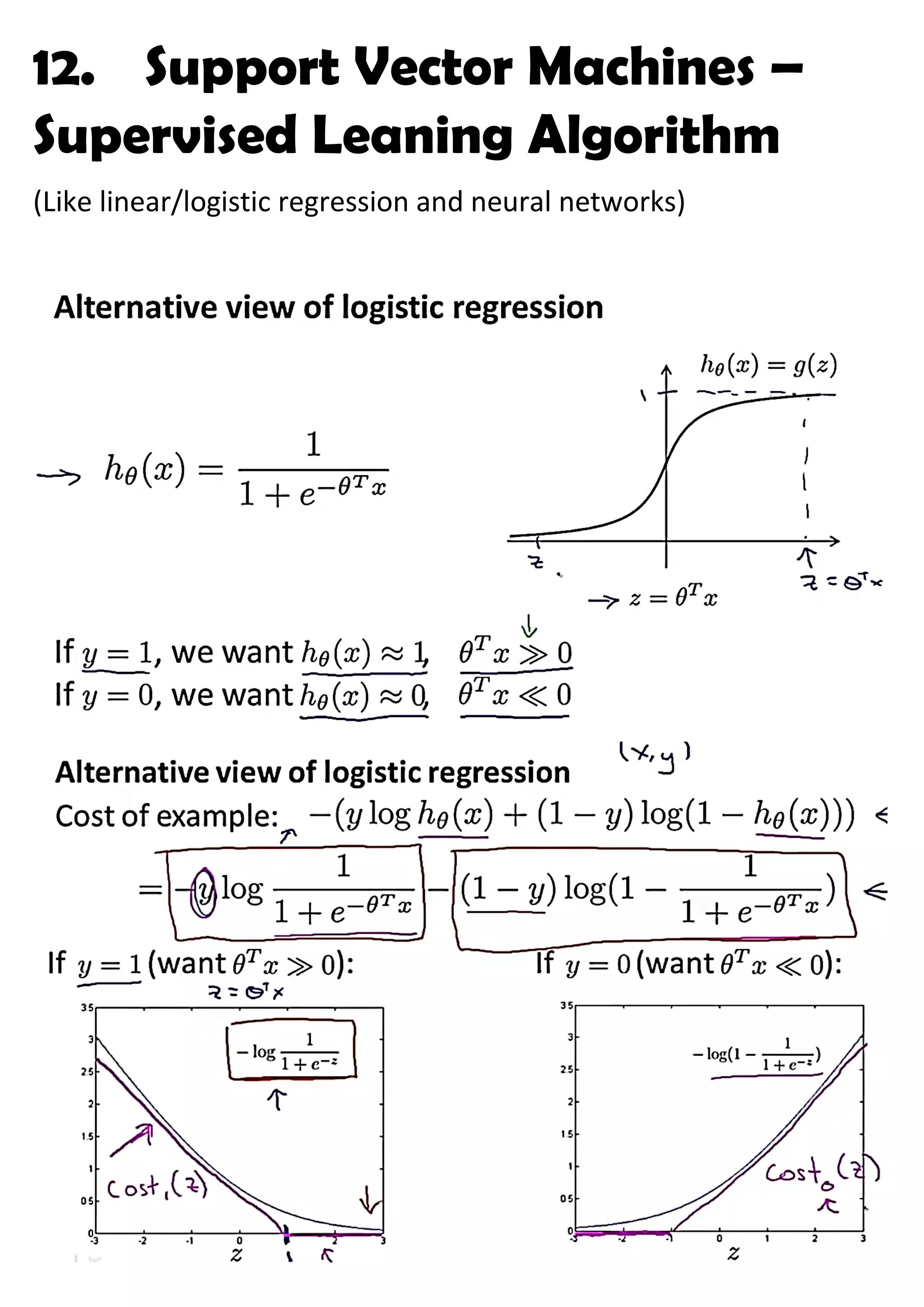 12. Support Vector Machines –
Supervised Leaning Algorithm
(Like linear/logistic regression and neural networks)
 