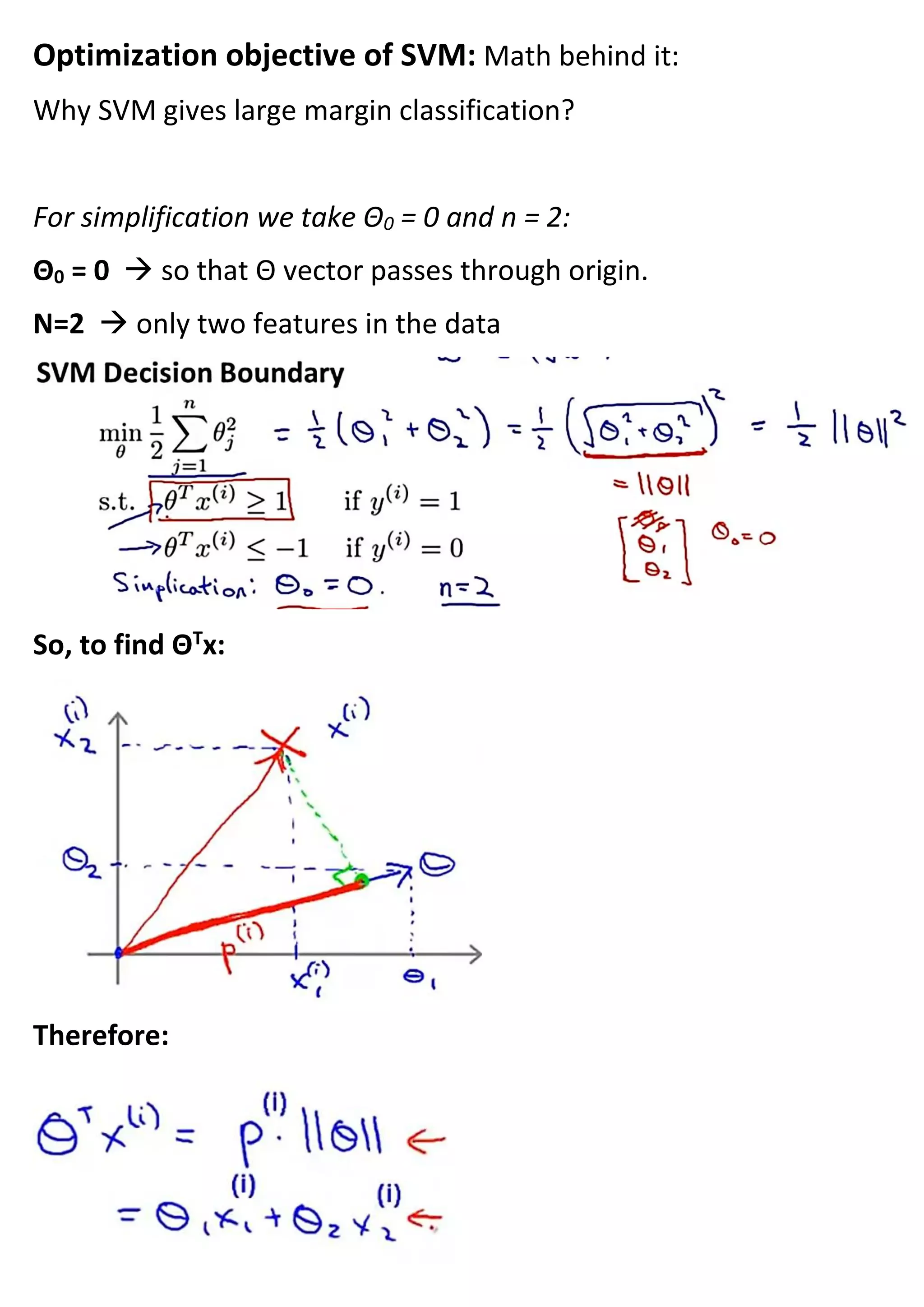 Optimization objective of SVM: Math behind it:
Why SVM gives large margin classification?
For simplification we take Θ0 = 0 and n = 2:
Θ0 = 0 → so that Θ vector passes through origin.
N=2 → only two features in the data
So, to find ΘT
x:
Therefore:
 