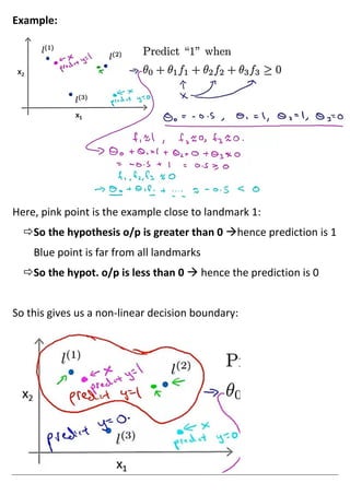 Example:
Here, pink point is the example close to landmark 1:
So the hypothesis o/p is greater than 0 →hence prediction is 1
Blue point is far from all landmarks
So the hypot. o/p is less than 0 → hence the prediction is 0
So this gives us a non-linear decision boundary:
 