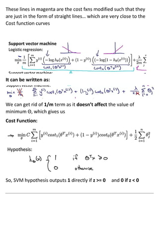 These lines in magenta are the cost fxns modified such that they
are just in the form of straight lines… which are very close to the
Cost function curves
It can be written as:
We can get rid of 1/m term as it doesn’t affect the value of
minimum Θ, which gives us
Cost Function:
So, SVM hypothesis outputs 1 directly if z >= 0 and 0 if z < 0
 