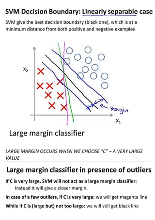 SVM give the best decision boundary (black one), which is at a
minimum distance from both positive and negative examples
LARGE MARGIN OCCURS WHEN WE CHOOSE “C” – A VERY LARGE
VALUE
If C is very large, SVM will not act as a large margin classifier:
Instead it will give a closer margin.
In case of a few outliers, if C is very large: we will get magenta line
While if C is (large but) not too large: we will still get black line
 