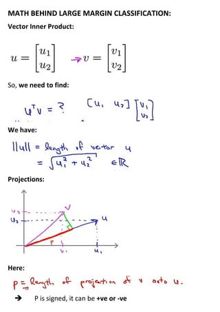 MATH BEHIND LARGE MARGIN CLASSIFICATION:
Vector Inner Product:
So, we need to find:
We have:
Projections:
Here:
➔ P is signed, it can be +ve or -ve
 