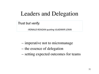 –  imperative not to micromanage
–  the essence of delegation
–  setting expected outcomes for teams
Leaders and Delegation
Trust but verify.
	
	-RONALD	REAGAN	quo.ng	VLADIMIR	LENIN	
52
 