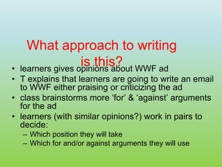 What approach to writing
is this?
• learners gives opinions about WWF ad
• T explains that learners are going to write an email
to WWF either praising or criticizing the ad
• class brainstorms more ‘for’ & ‘against’ arguments
for the ad
• learners (with similar opinions?) work in pairs to
decide:
– Which position they will take
– Which for and/or against arguments they will use
 