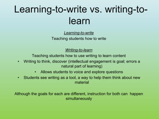 Learning-to-write vs. writing-to-
learn
Learning-to-write
Teaching students how to write
Writing-to-learn
Teaching students how to use writing to learn content
• Writing to think, discover (intellectual engagement is goal; errors a
natural part of learning)
• Allows students to voice and explore questions
• Students see writing as a tool, a way to help them think about new
material
Although the goals for each are different, instruction for both can happen
simultaneously
 