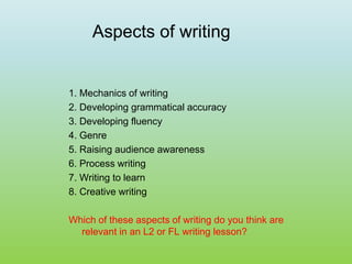 Aspects of writing
1. Mechanics of writing
2. Developing grammatical accuracy
3. Developing fluency
4. Genre
5. Raising audience awareness
6. Process writing
7. Writing to learn
8. Creative writing
Which of these aspects of writing do you think are
relevant in an L2 or FL writing lesson?
 