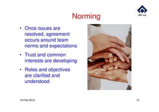Norming
• Once issues are
resolved, agreement
occurs around team
norms and expectations
• Trust and common• Trust and common
interests are developing
• Roles and objectives
are clarified and
understood
19-Feb-2016 12
 