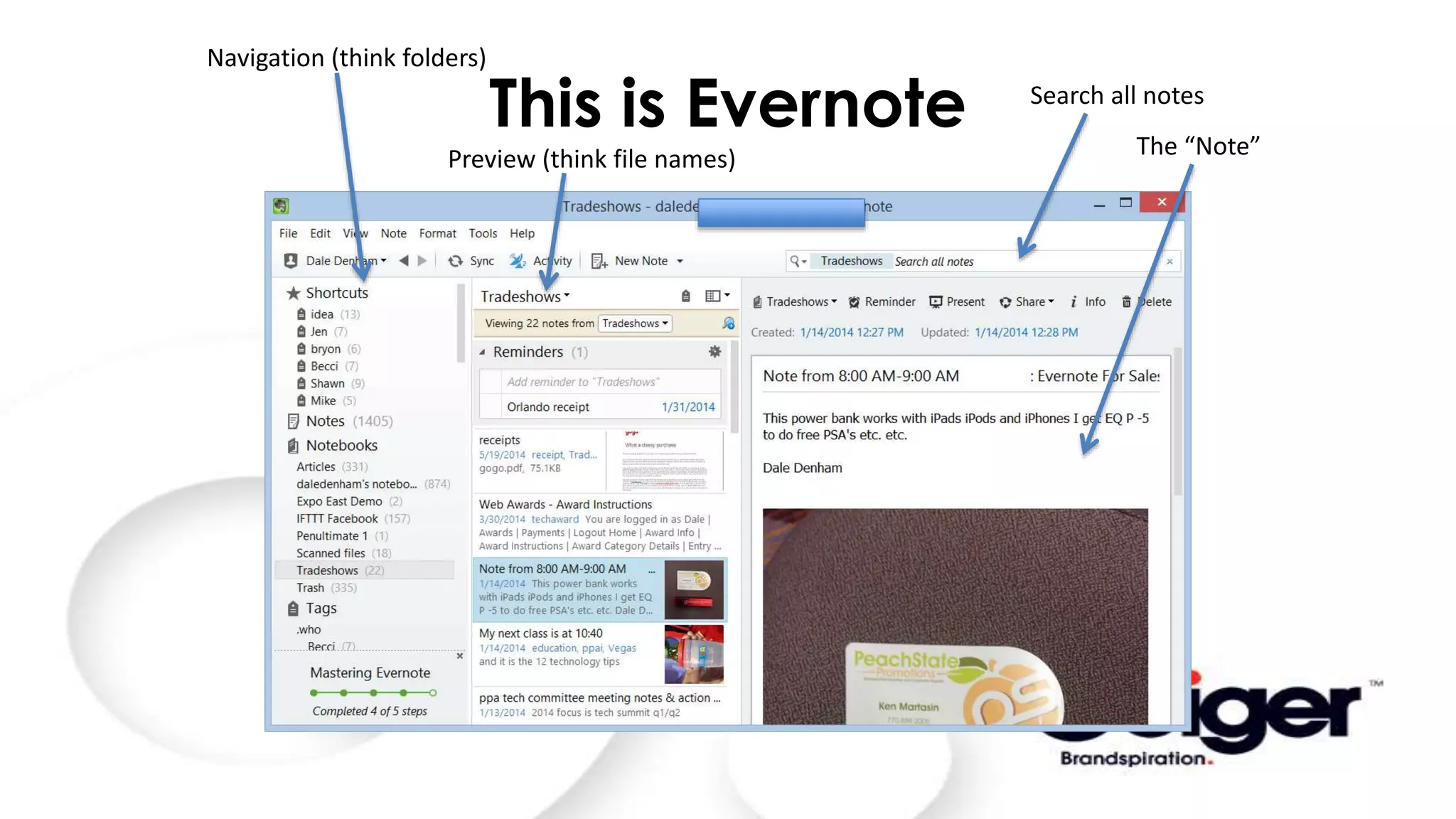 This is Evernote
Navigation (think folders)
Preview (think file names) The “Note”
Search all notes
 
