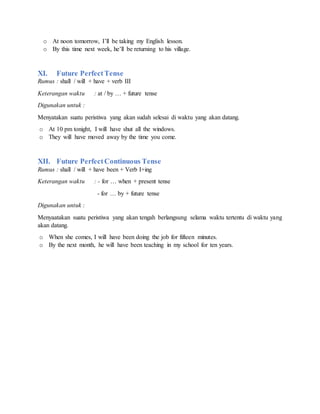 o At noon tomorrow, I’ll be taking my English lesson.
o By this time next week, he’ll be returning to his village.
XI. Future PerfectTense
Rumus : shall / will + have + verb III
Keterangan waktu : at / by … + future tense
Digunakan untuk :
Menyatakan suatu peristiwa yang akan sudah selesai di waktu yang akan datang.
o At 10 pm tonight, I will have shut all the windows.
o They will have moved away by the time you come.
XII. Future PerfectContinuous Tense
Rumus : shall / will + have been + Verb I+ing
Keterangan waktu : - for … when + present tense
- for … by + future tense
Digunakan untuk :
Menyaatakan suatu peristiwa yang akan tengah berlangsung selama waktu tertentu di waktu yang
akan datang.
o When she comes, I will have been doing the job for fifteen minutes.
o By the next month, he will have been teaching in my school for ten years.
 