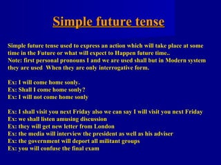 Simple future tense
Simple future tense used to express an action which will take place at some
time in the Future or what...