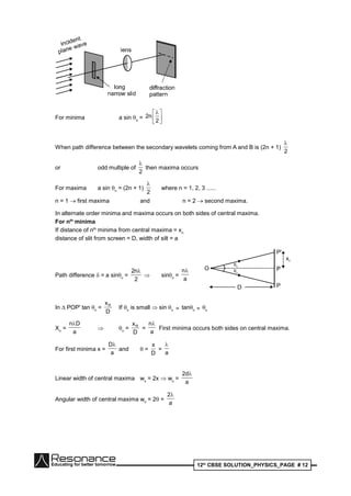 12th
CBSE SOLUTION_PHYSICS_PAGE # 12
For minima a sin n
= 





2
n2
When path difference between the secondary wavelets coming from A and B is (2n + 1)
2

or odd multiple of
2

then maxima occurs
For maxima a sin n
= (2n + 1)
2

where n = 1, 2, 3 ......
n = 1  first maxima and n = 2  second maxima.
In alternate order minima and maxima occurs on both sides of central maxima.
For nth
minima
If distance of nth
minima from central maxima = xn
distance of slit from screen = D, width of silt = a
Path difference  = a sinn
=
2
n2 
 sinn
=
a
n
In POP' tan n
=
D
xn
If n
is small  sin n  tann  n
Xn
=
a
Dn
 n
=
D
xn
=
a
n
First minima occurs both sides on central maxima.
For first minima x =
a
D
and  =
D
x
=
a

Linear width of central maxima wx
= 2x  wx
=
a
d2 
Angular width of central maxima w
= 2 =
a
2
 