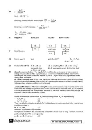 12th
CBSE SOLUTION_PHYSICS_PAGE # 7
20.  3
10x50
27.12
Å
So,  = 5.5 ×10–12
m
Resolving power of electron microscope =

22.1
Å =
5600
22.1
Å
Resolving power of microscope = 12
1055.0
22.1


m
10181
22.155.0
560022.1
R
R
0
e




21. Properties Conductor Insulator Semicoductor
(i) Band Structure
C.B. C.B. C.B.
V.B.
V.B. V.B.
High Low
(ii) Energy gape E0
zero grater then(3eV) Ge 0.7 eV
Si  1.1 eV
(iii) Position of C.B.& V.B. C.B. & V.B are V.B. is completely filled V.B. is litile empty
completely filled & C.B. is completely empty & CB is little filled
or C.B. is half empty
22. (i) Analog communication : The signal which modulates the carrier signal for transmission is
analog or representative of the original message or information to be transmitted. Note that the
carrier signal may be sinusoidal or in the form of pulses. Only the modulating signal has to be the
analog of the information.
(ii) Digital communication: In this case, the original message or information signal is first converted
into discrete amplitude levels and then coded into a corresponding sequence of binary symbols 0 and 1.
Subsequently, a suitable modulation method is used.
Amplitude Modulation : When a modulating AF wave superimposed on a high frequency carrier wave
in a manner that the frequency of modulated wave is same as that of the carrier wave, but its amplitude
is made proportional to the instantaneous amplitude of the audio frequency modulating voltage, the
process is called amplitude modulation (AM).
Let the instantaneous carrier voltage (ec
) and modulating voltage (em
) be represented by
ec
=Ec
sin c
t ...(1)
em
= Em
sin m
t ...(2)
Thus, in amplitude modulation, amplitudeAof modulated wave is made proportional to the instantaneous
modulating voltage em
i.e. A = Ec
+ kem
...(3)
where k is a constant of proportionality.
In amplitude modulation, the proportionality constant k is made equal to unity. Therefore, maximum
positive amplitude of AM wave is given by
A = Ec
+ em
= Ec
+E m
sin m
t ...(4)
 