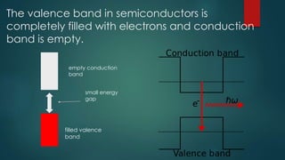 The valence band in semiconductors is
completely filled with electrons and conduction
band is empty.
empty conduction
band
filled valence
band
small energy
gap
 