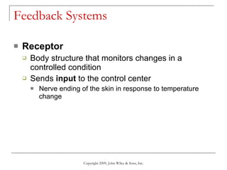Feedback Systems Receptor Body structure that monitors changes in a controlled condition Sends  input  to the control center Nerve ending of the skin in response to temperature change Copyright 2009, John Wiley & Sons, Inc. 