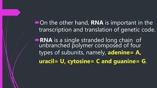 On the other hand, RNA is important in the
transcription and translation of genetic code.
RNA is a single stranded long chain of
unbranched polymer composed of four
types of subunits, namely, adenine= A,
uracil= U, cytosine= C and guanine= G.
 