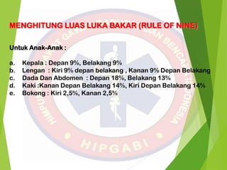 Untuk Anak-Anak :
a. Kepala : Depan 9%, Belakang 9%
b. Lengan : Kiri 9% depan belakang , Kanan 9% Depan Belakang
c. Dada Dan Abdomen : Depan 18%, Belakang 13%
d. Kaki :Kanan Depan Belakang 14%, Kiri Depan Belakang 14%
e. Bokong : Kiri 2,5%, Kanan 2,5%
MENGHITUNG LUAS LUKA BAKAR (RULE OF NINE)
 