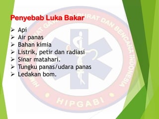 Penyebab Luka Bakar
 Api
 Air panas
 Bahan kimia
 Listrik, petir dan radiasi
 Sinar matahari.
 Tungku panas/udara panas
 Ledakan bom.
 