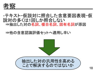 考察
・テキスト-仮説対に照合した含意要因表現-仮
説対の多くは1回しか照合しない
　⇒抽出した対の名詞、複合名詞、固有名詞が原因
　⇒他の含意認識評価セットへ適用し辛い
18
 