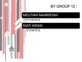 BY GROUP 12 :
MEUTIAH NAHRISYAH
• 1711441014
NIATI INDAN
• 1711441013
 