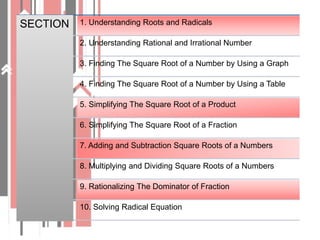 SECTION 1. Understanding Roots and Radicals
2. Understanding Rational and Irrational Number
3. Finding The Square Root of a Number by Using a Graph
4. Finding The Square Root of a Number by Using a Table
5. Simplifying The Square Root of a Product
6. Simplifying The Square Root of a Fraction
7. Adding and Subtraction Square Roots of a Numbers
8. Multiplying and Dividing Square Roots of a Numbers
9. Rationalizing The Dominator of Fraction
10. Solving Radical Equation
 