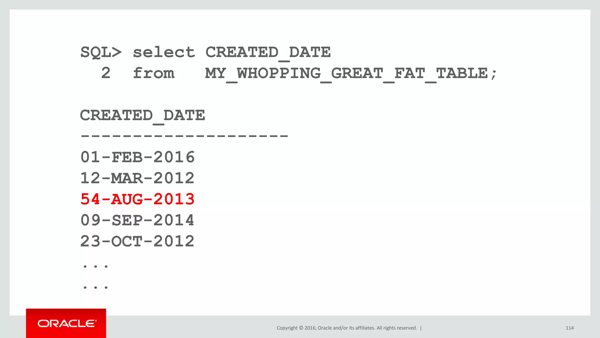 Copyright © 2016, Oracle and/or its affiliates. All rights reserved. |
SQL> select CREATED_DATE
2 from MY_WHOPPING_GREAT_FAT_TABLE;
CREATED_DATE
--------------------
01-FEB-2016
12-MAR-2012
54-AUG-2013
09-SEP-2014
23-OCT-2012
...
...
114
 