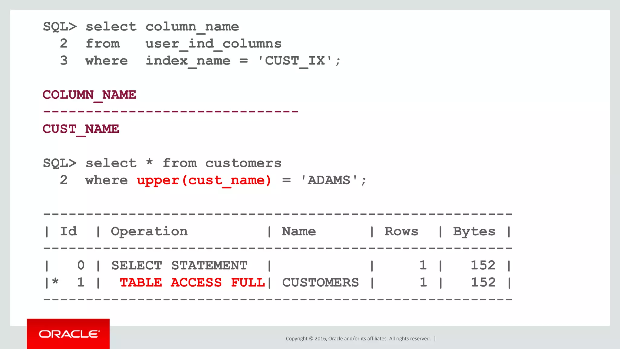 Copyright © 2016, Oracle and/or its affiliates. All rights reserved. |
SQL> select column_name
2 from user_ind_columns
3 where index_name = 'CUST_IX';
COLUMN_NAME
------------------------------
CUST_NAME
SQL> select * from customers
2 where upper(cust_name) = 'ADAMS';
-------------------------------------------------------
| Id | Operation | Name | Rows | Bytes |
-------------------------------------------------------
| 0 | SELECT STATEMENT | | 1 | 152 |
|* 1 | TABLE ACCESS FULL| CUSTOMERS | 1 | 152 |
-------------------------------------------------------
 