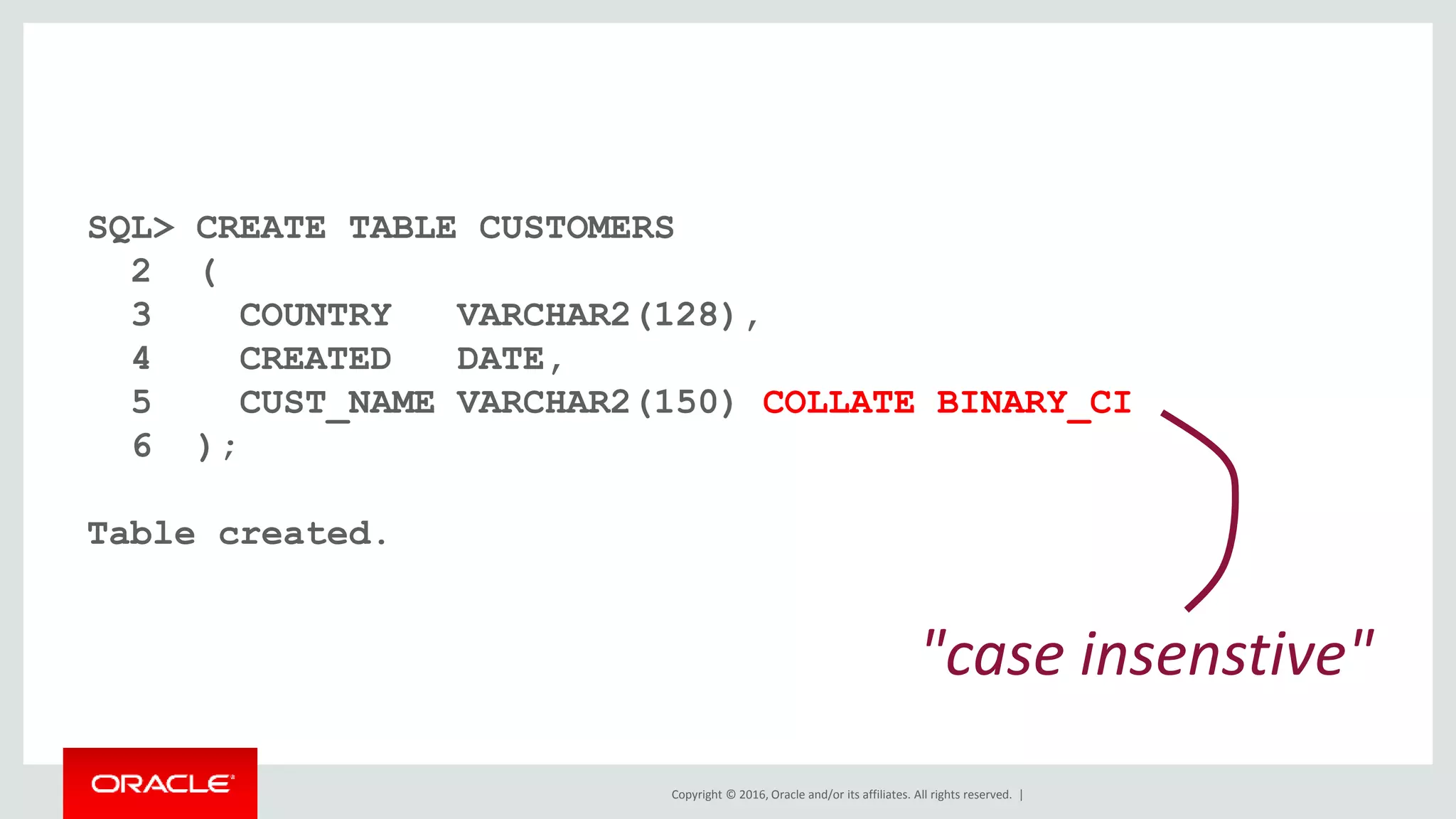 Copyright © 2016, Oracle and/or its affiliates. All rights reserved. |
SQL> CREATE TABLE CUSTOMERS
2 (
3 COUNTRY VARCHAR2(128),
4 CREATED DATE,
5 CUST_NAME VARCHAR2(150) COLLATE BINARY_CI
6 );
Table created.
"case insenstive"
 