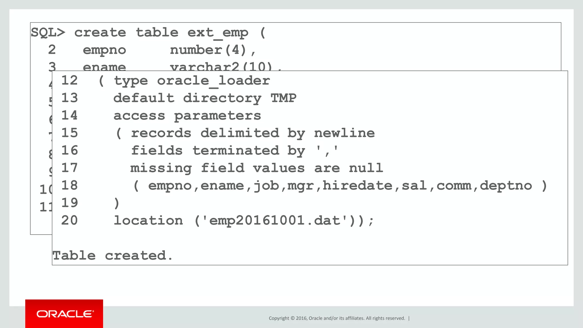 Copyright © 2016, Oracle and/or its affiliates. All rights reserved. |
SQL> create table ext_emp (
2 empno number(4),
3 ename varchar2(10),
4 job varchar2(9),
5 mgr number(4),
6 hiredate date,
7 sal number(7,2),
8 comm number(7,2),
9 deptno number(2)
10 )
11 organization external
12 ( type oracle_loader
13 default directory TMP
14 access parameters
15 ( records delimited by newline
16 fields terminated by ','
17 missing field values are null
18 ( empno,ename,job,mgr,hiredate,sal,comm,deptno )
19 )
20 location ('emp20161001.dat'));
Table created.
 