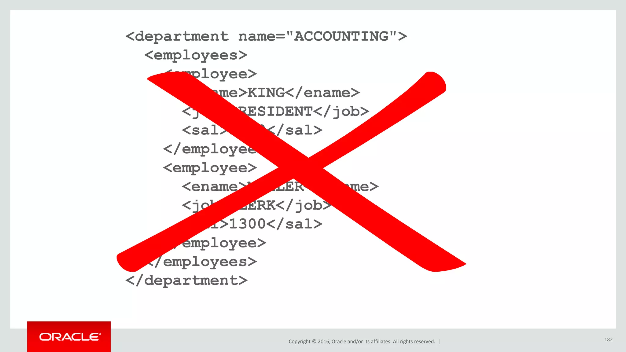 Copyright © 2016, Oracle and/or its affiliates. All rights reserved. |
<department name="ACCOUNTING">
<employees>
<employee>
<ename>KING</ename>
<job>PRESIDENT</job>
<sal>5000</sal>
</employee>
<employee>
<ename>MILLER</ename>
<job>CLERK</job>
<sal>1300</sal>
</employee>
</employees>
</department>
182
 