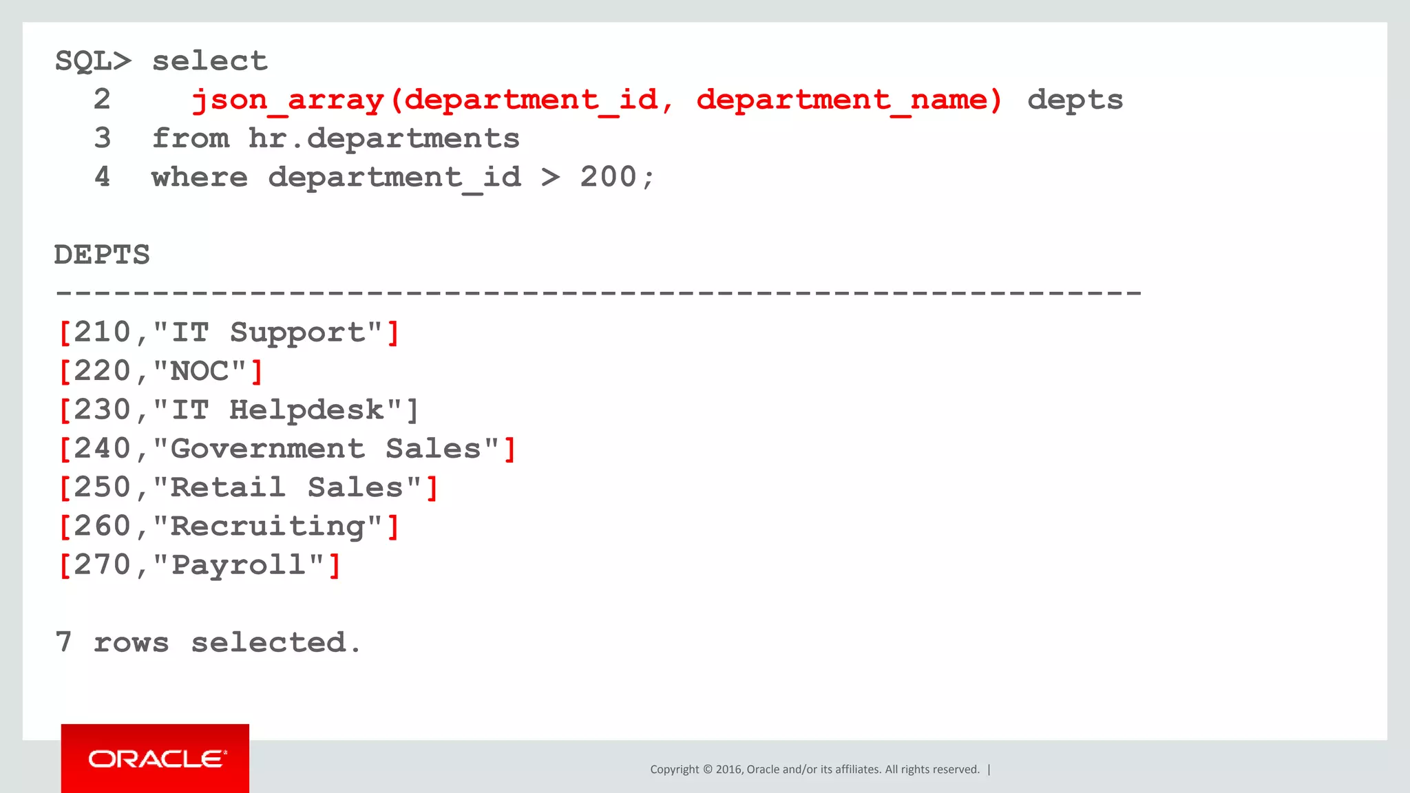 Copyright © 2016, Oracle and/or its affiliates. All rights reserved. |
SQL> select
2 json_array(department_id, department_name) depts
3 from hr.departments
4 where department_id > 200;
DEPTS
--------------------------------------------------------
[210,"IT Support"]
[220,"NOC"]
[230,"IT Helpdesk"]
[240,"Government Sales"]
[250,"Retail Sales"]
[260,"Recruiting"]
[270,"Payroll"]
7 rows selected.
 