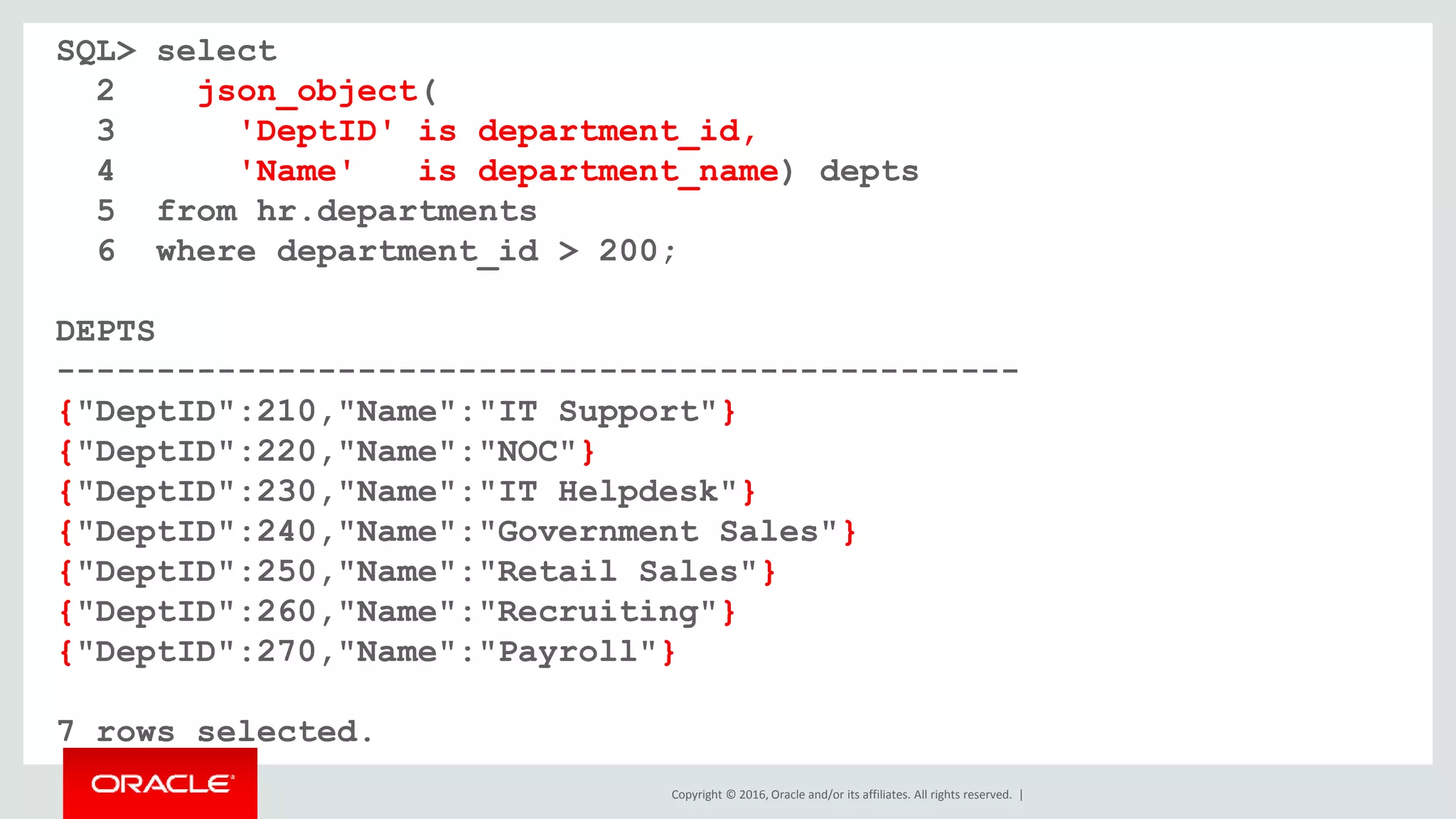 Copyright © 2016, Oracle and/or its affiliates. All rights reserved. |
SQL> select
2 json_object(
3 'DeptID' is department_id,
4 'Name' is department_name) depts
5 from hr.departments
6 where department_id > 200;
DEPTS
------------------------------------------------
{"DeptID":210,"Name":"IT Support"}
{"DeptID":220,"Name":"NOC"}
{"DeptID":230,"Name":"IT Helpdesk"}
{"DeptID":240,"Name":"Government Sales"}
{"DeptID":250,"Name":"Retail Sales"}
{"DeptID":260,"Name":"Recruiting"}
{"DeptID":270,"Name":"Payroll"}
7 rows selected.
 