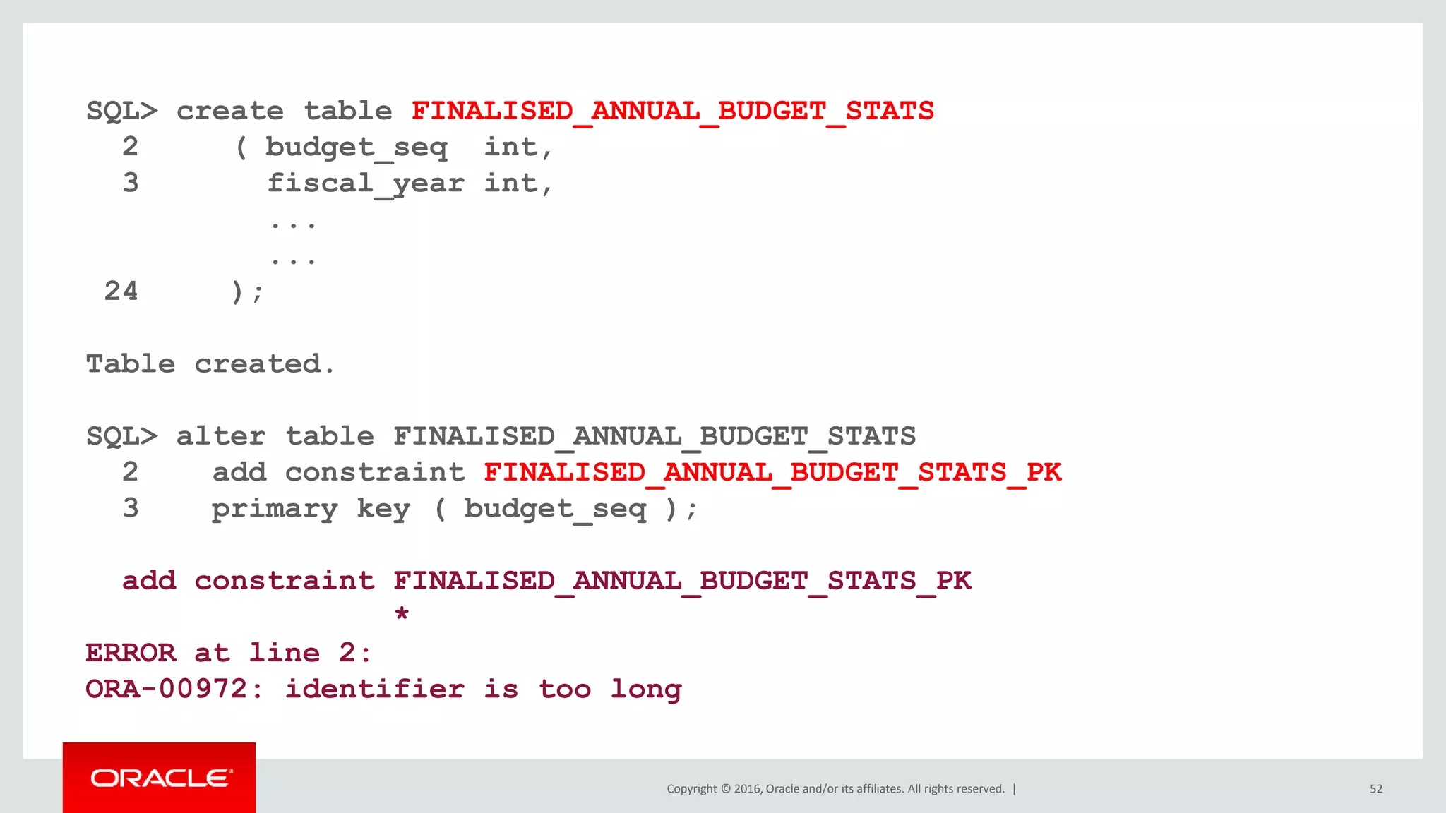 Copyright © 2016, Oracle and/or its affiliates. All rights reserved. | 52
SQL> create table FINALISED_ANNUAL_BUDGET_STATS
2 ( budget_seq int,
3 fiscal_year int,
...
...
24 );
Table created.
SQL> alter table FINALISED_ANNUAL_BUDGET_STATS
2 add constraint FINALISED_ANNUAL_BUDGET_STATS_PK
3 primary key ( budget_seq );
add constraint FINALISED_ANNUAL_BUDGET_STATS_PK
*
ERROR at line 2:
ORA-00972: identifier is too long
 