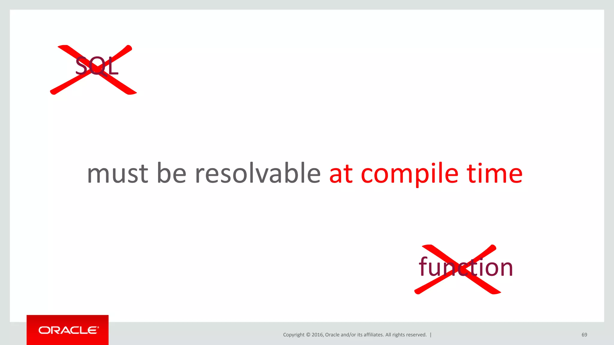 Copyright © 2016, Oracle and/or its affiliates. All rights reserved. | 69
must be resolvable at compile time
SQL
function
 