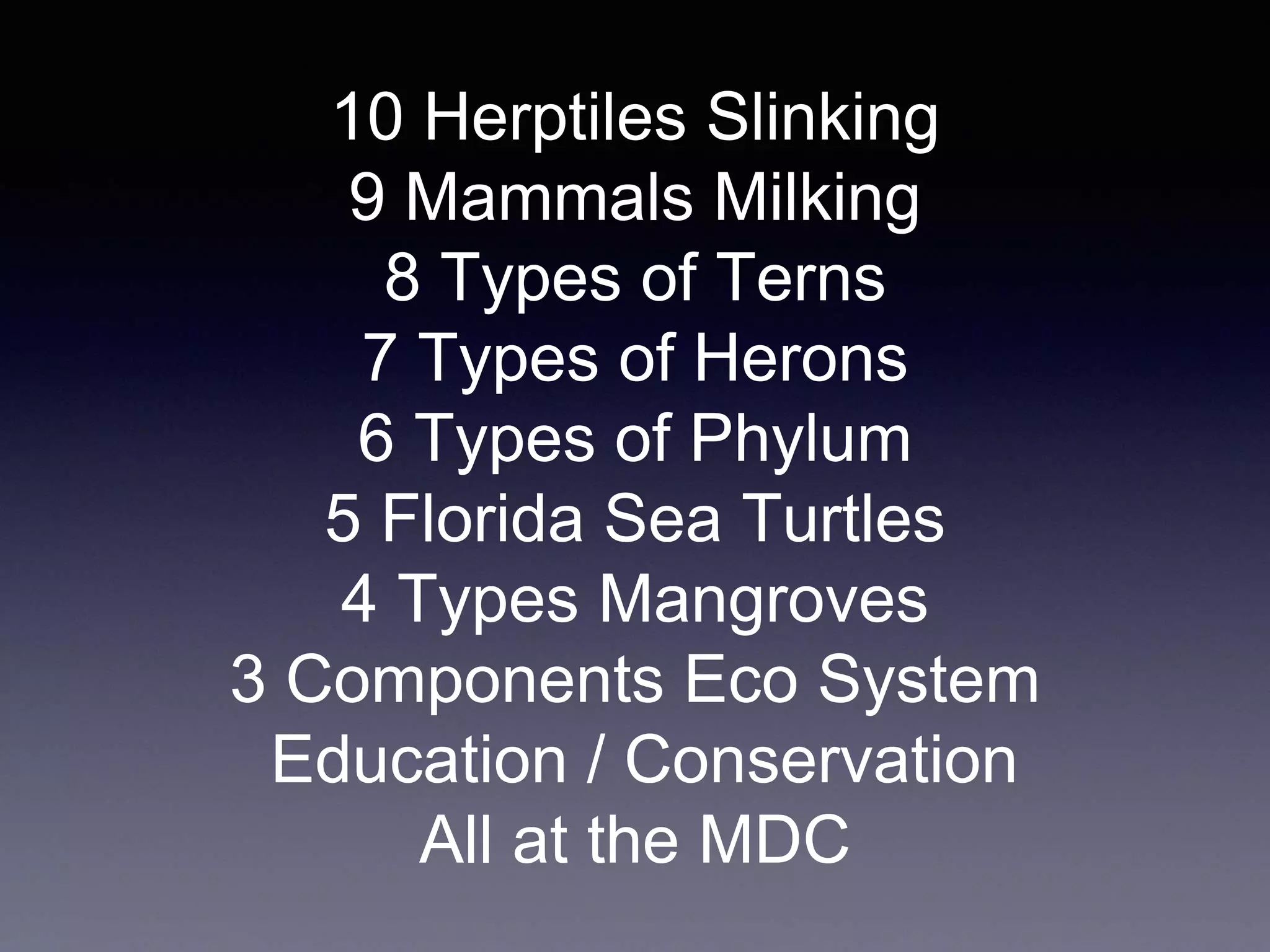 10 Herptiles Slinking
9 Mammals Milking
8 Types of Terns
7 Types of Herons
6 Types of Phylum
5 Florida Sea Turtles
4 Types Mangroves
3 Components Eco System
Education / Conservation
All at the MDC
 