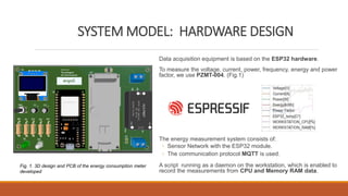 SYSTEM MODEL: HARDWARE DESIGN
Data acquisition equipment is based on the ESP32 hardware.
To measure the voltage, current, power, frequency, energy and power
factor, we use PZMT-004. (Fig.1)
The energy measurement system consists of:
◦ Sensor Network with the ESP32 module.
◦ The communication protocol MQTT is used.
A script running as a daemon on the workstation, which is enabled to
record the measurements from CPU and Memory RAM data.
Fig. 1. 3D design and PCB of the energy consumption meter
developed
 