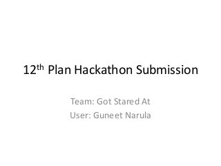 12th   Plan Hackathon Submission

          Team: Got Stared At
          User: Guneet Narula
 