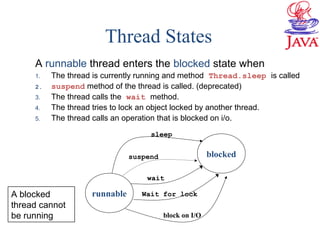 Thread States
A runnable thread enters the blocked state when
1. The thread is currently running and method Thread.sleep is called
2. suspend method of the thread is called. (deprecated)
3. The thread calls the wait method.
4. The thread tries to lock an object locked by another thread.
5. The thread calls an operation that is blocked on i/o.
runnable
blocked
sleep
suspend
wait
block on I/O
Wait for lockA blocked
thread cannot
be running
 