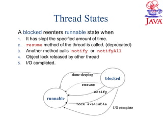 Thread States
A blocked reenters runnable state when
1. It has slept the specified amount of time.
2. resume method of the thread is called. (deprecated)
3. Another method calls notify or notifyAll
4. Object lock released by other thread
5. I/O completed.
runnable
blocked
done sleeping
resume
notify
I/O complete
Lock available
 