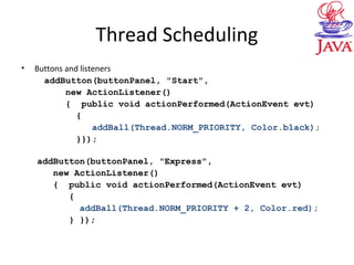 Thread Scheduling
• Buttons and listeners
addButton(buttonPanel, "Start",
new ActionListener()
{ public void actionPerformed(ActionEvent evt)
{
addBall(Thread.NORM_PRIORITY, Color.black);
}});
addButton(buttonPanel, "Express",
new ActionListener()
{ public void actionPerformed(ActionEvent evt)
{
addBall(Thread.NORM_PRIORITY + 2, Color.red);
} });
 