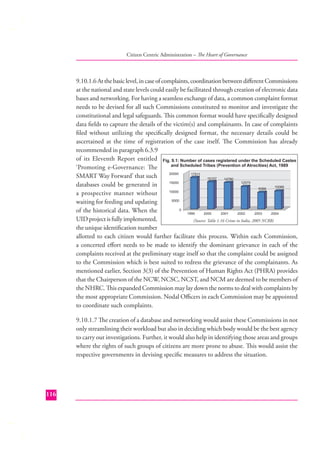 Citizen Centric Administration – The Heart of Governance

9.10.1.6 At the basic level, in case of complaints, coordination between diﬀerent Commissions
at the national and state levels could easily be facilitated through creation of electronic data
bases and networking. For having a seamless exchange of data, a common complaint format
needs to be devised for all such Commissions constituted to monitor and investigate the
constitutional and legal safeguards. This common format would have speciﬁcally designed
data ﬁelds to capture the details of the victim(s) and complainants. In case of complaints
ﬁled without utilizing the speciﬁcally designed format, the necessary details could be
ascertained at the time of registration of the case itself. The Commission has already
recommended in paragraph 6.3.9
of its Eleventh Report entitled
‘Promoting e-Governance: The
SMART Way Forward’ that such
databases could be generated in
a prospective manner without
waiting for feeding and updating
of the historical data. When the
UID project is fully implemented,
the unique identiﬁcation number
allotted to each citizen would further facilitate this process. Within each Commission,
a concerted eﬀort needs to be made to identify the dominant grievance in each of the
complaints received at the preliminary stage itself so that the complaint could be assigned
to the Commission which is best suited to redress the grievance of the complainants. As
mentioned earlier, Section 3(3) of the Prevention of Human Rights Act (PHRA) provides
that the Chairperson of the NCW, NCSC, NCST, and NCM are deemed to be members of
the NHRC. This expanded Commission may lay down the norms to deal with complaints by
the most appropriate Commission. Nodal Oﬃcers in each Commission may be appointed
to coordinate such complaints.
9.10.1.7 The creation of a database and networking would assist these Commissions in not
only streamlining their workload but also in deciding which body would be the best agency
to carry out investigations. Further, it would also help in identifying those areas and groups
where the rights of such groups of citizens are more prone to abuse. This would assist the
respective governments in devising speciﬁc measures to address the situation.

116

 