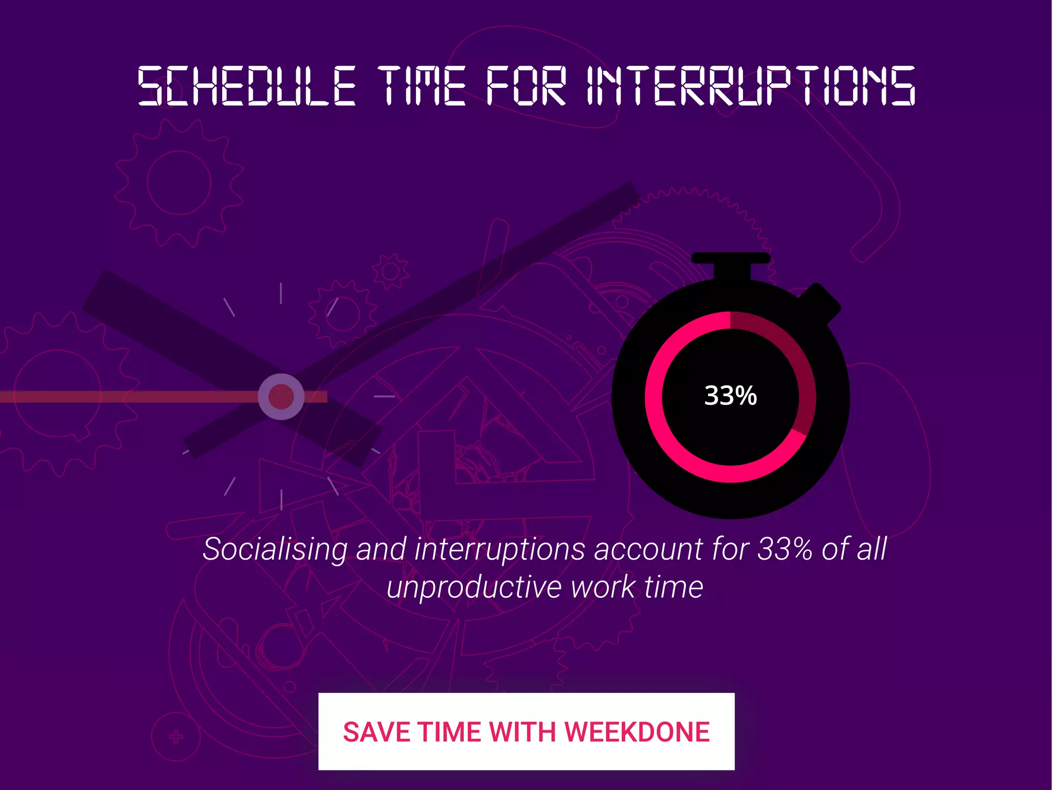33%
Socialising and interruptions account for 33% of all
unproductive work time
Schedule time for interruptions
 