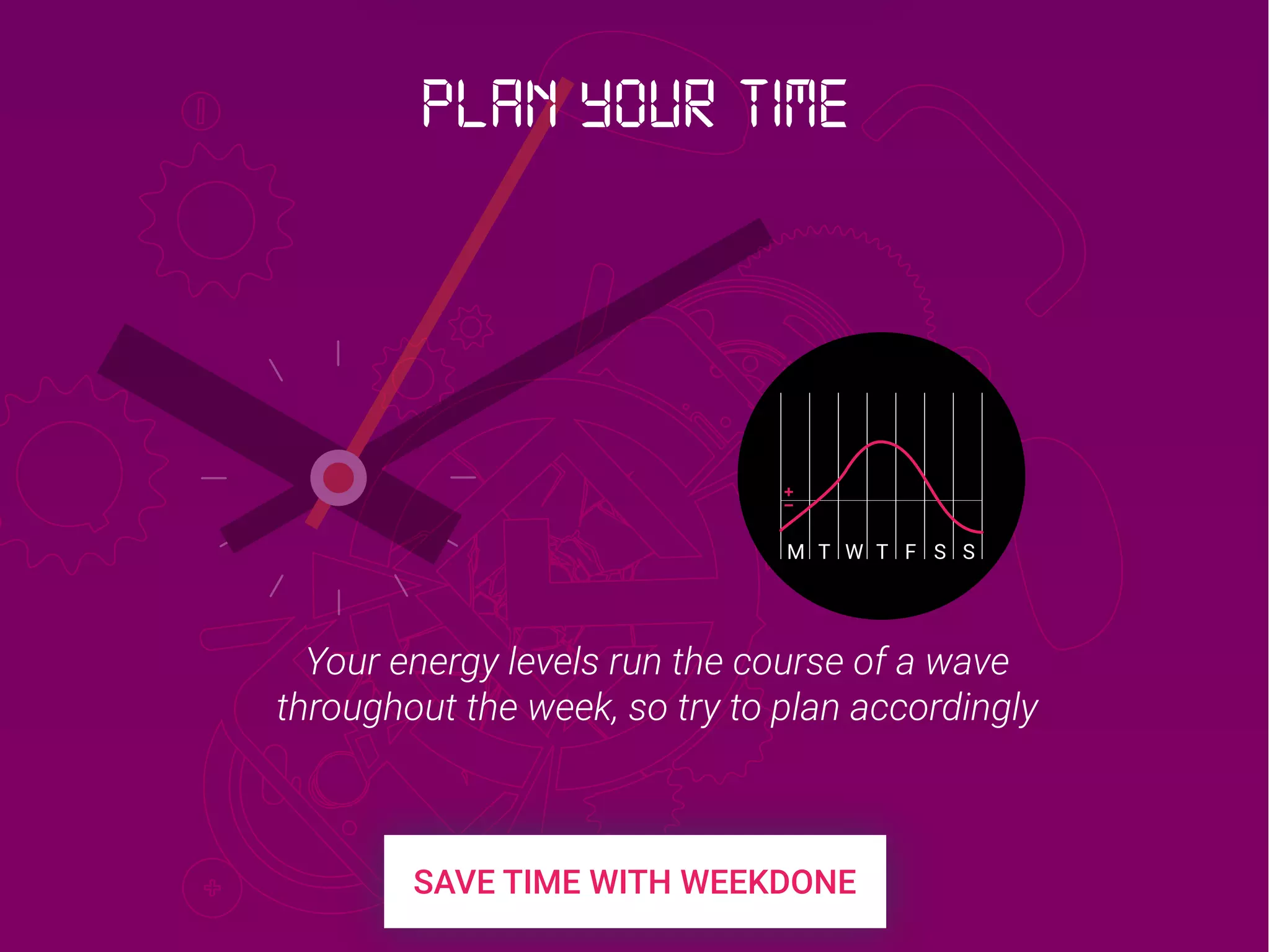 M T T F S SW
Your energy levels run the course of a wave
throughout the week, so try to plan accordingly
Plan your time
 