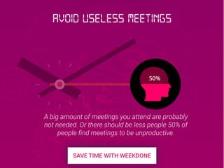 50%
A big amount of meetings you attend are probably
not needed. Or there should be less people 50% of
people find meetings to be unproductive.
Avoid useless meetings
 